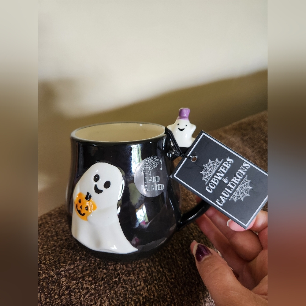 Cobwebs And Cauldrons Black Ghost Mug Halloween NWT